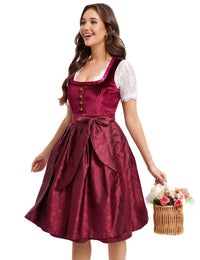 Garvee Dirndl Abito tradizionale da donna in velluto midi, Dirndl, vestito Oktoberfest, rosso vino, taglia 34