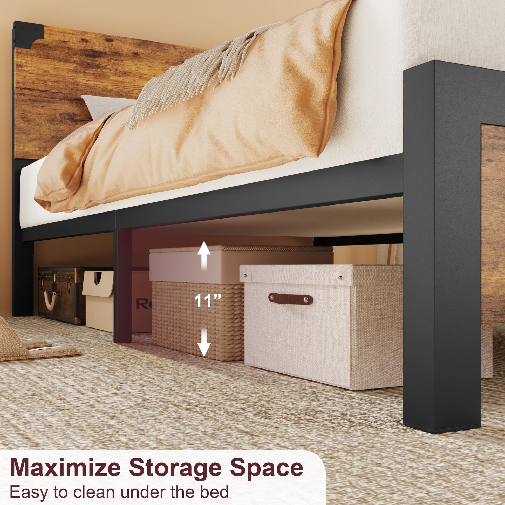 Garvee Letto King Size con Testiera in Legno, Contenitore Sotto Letto, Gambe in Metallo, Marrone Rustico, Camera da Letto, 82x78.7x37.4 in