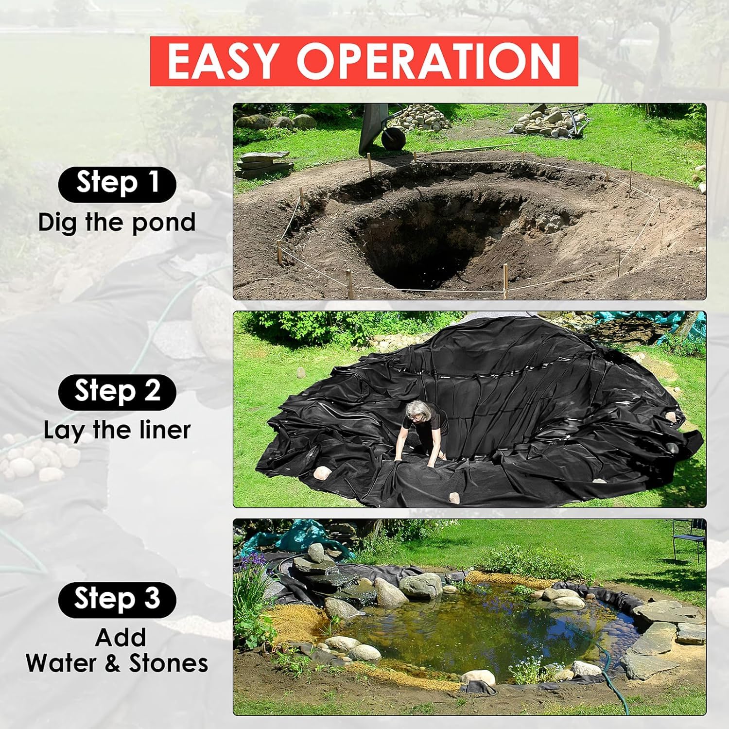 Rivestimento per laghetto Garvee LLDPE 6M x 7M nero, spessore 20 mil, per pesci e koi, giardini acquatici, cascate