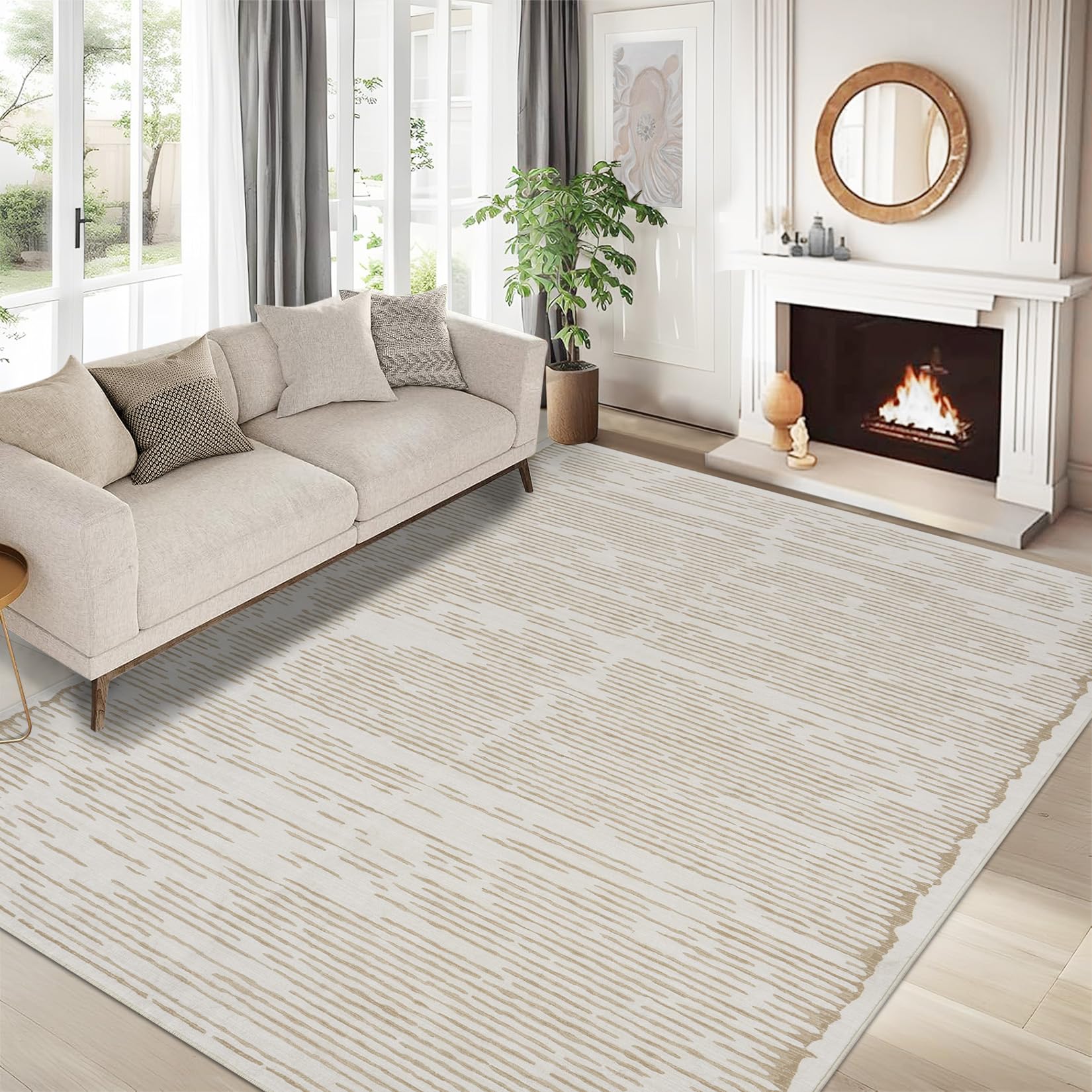 Tappeto a pelo corto Garvee per soggiorno/camera da letto, 160x230cm, beige, lavabile, antiscivolo