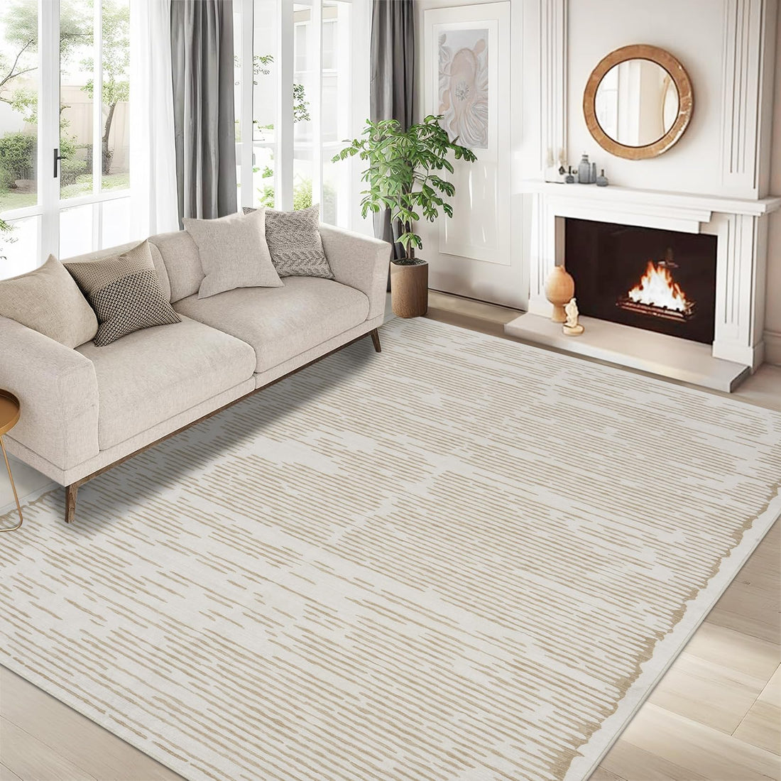 Tappeto lavabile a pelo corto Garvee 120x170cm Beige per soggiorno e camera da letto, motivo a linee minimaliste, morbido e antiscivolo