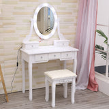 Garvee Trucco con Specchio LED Regolabile 5 Cassetti Sgabello MDF Legno di Pino Camera da Letto Bianco - Weiß