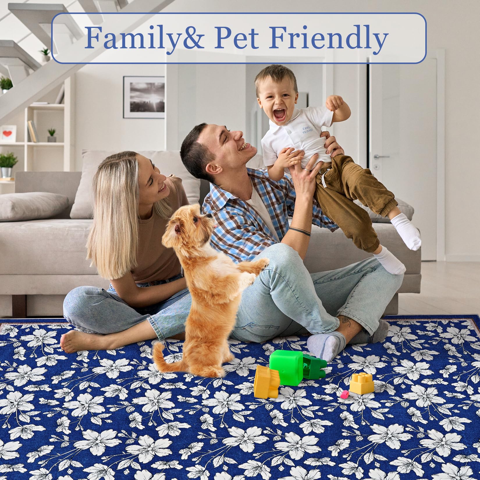 Tappeto per soggiorno Garvee lavabile con motivo floreale vintage, pelo corto, antiscivolo, morbido, grande, 200x290 cm, blu