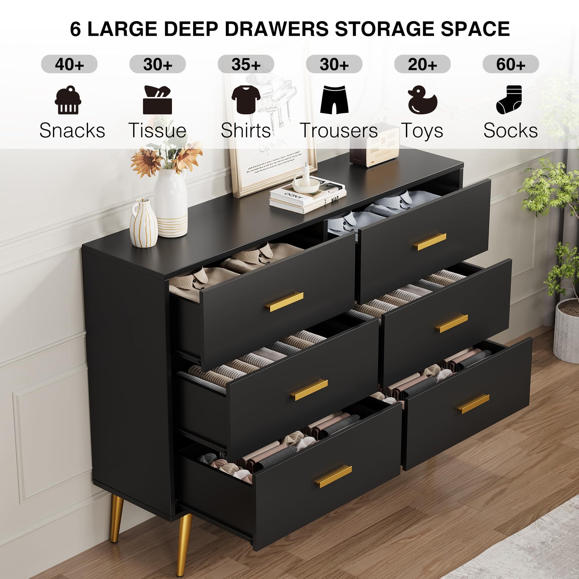Cassettiera moderna Garvee a 6 cassetti con contenitore, in legno MDF, maniglie dorate per camera da letto e soggiorno, nera, versatile