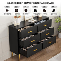 Cassettiera moderna Garvee a 6 cassetti con contenitore, in legno MDF, maniglie dorate per camera da letto e soggiorno, nera, versatile
