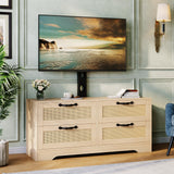 Garvee Mobile TV con 4 Cassetti e Supporto Regolabile, Consolle Media in Legno e Rattan, Stile Farmhouse, Capacità 40 kg, per Soggiorno e Camera, Naturale - Legno