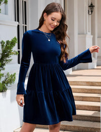 Garvee - Elegante abito invernale in velluto da donna, manica lunga, scollo rotondo, mini abito con volant, blu scuro, XL
