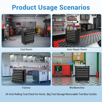Carrello portautensili Garvee con 6 cassetti, ruote, serratura, acciaio per officina e garage, 24 pollici, nero
