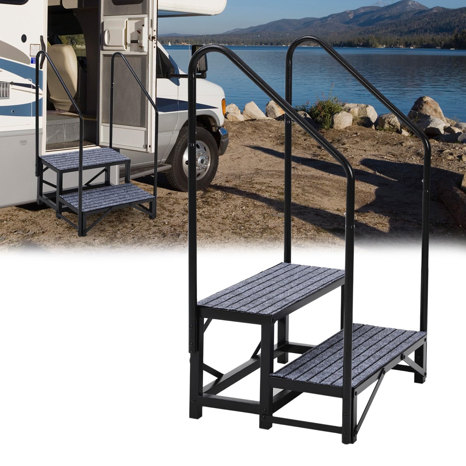 Bilancia portatile per camper Garvee a 2 gradini con corrimano, tappetini antiscivolo, acciaio per roulotte e piscine, stabili, versatili