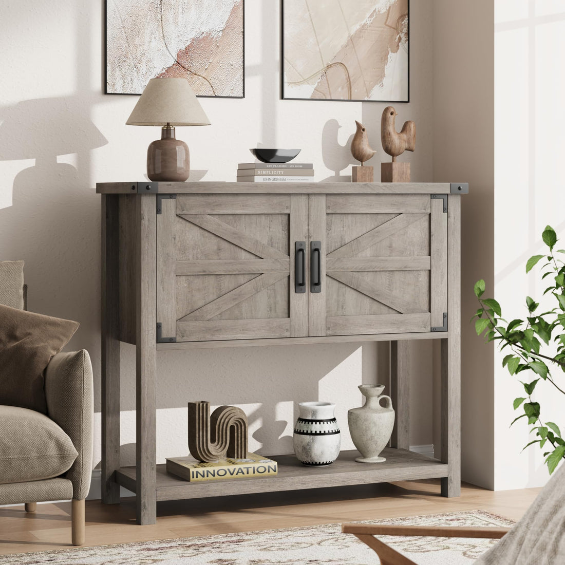 Tavolo consolle in legno Garvee Farmhouse con 2 ante per cucina e corridoio, 80x30x90 cm, grigio, robusto e multifunzionale