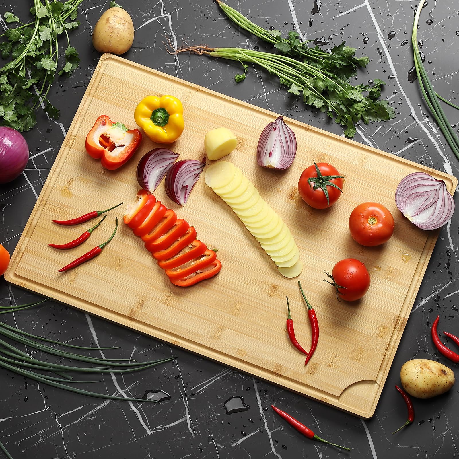 Tagliere in bambù Garvee da 24x16 pollici con scanalatura Juicy Groove per la cucina e la preparazione del cibo, robusto, versatile, color legno