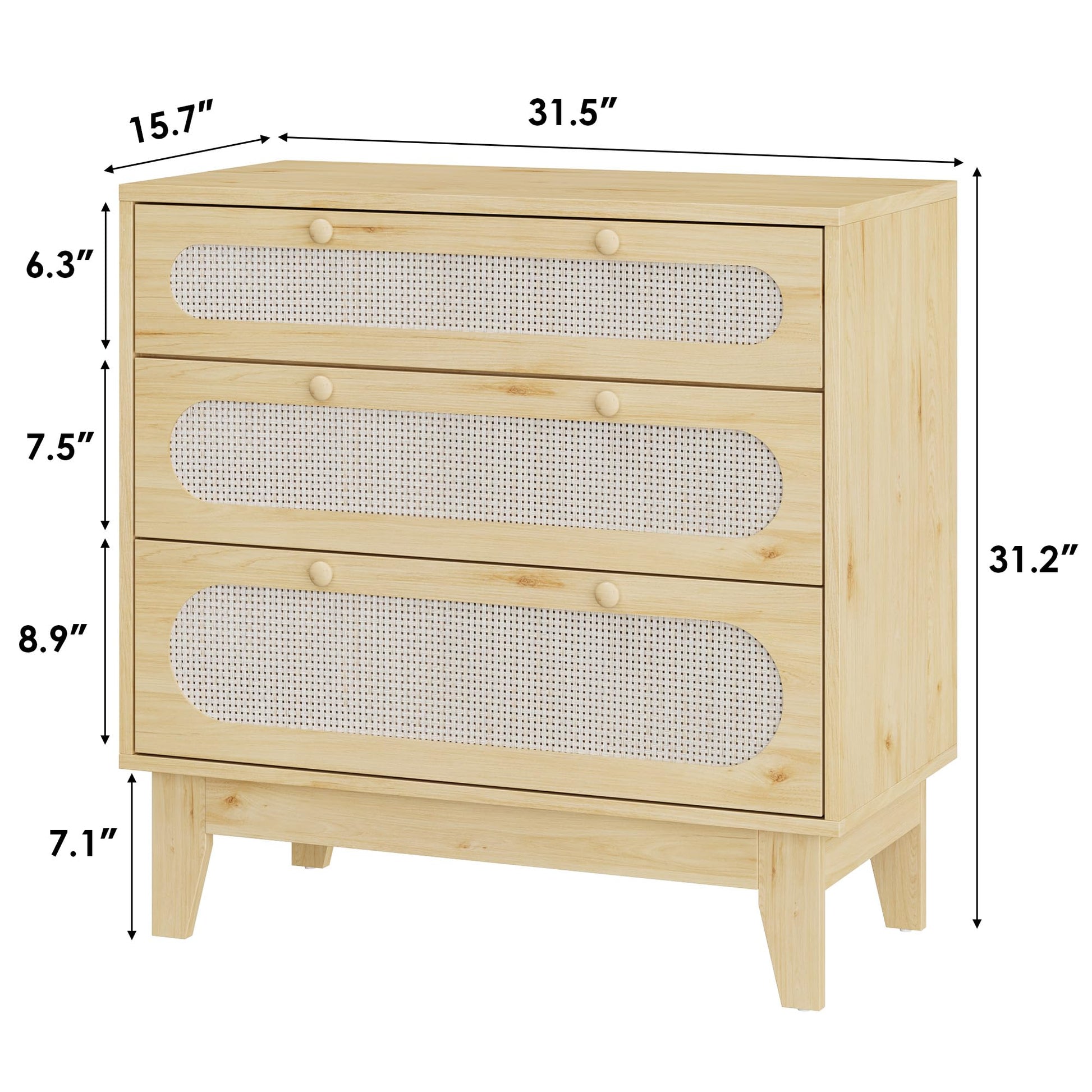 Cassettiera Garvee a 3 cassetti, in legno e rattan, design moderno, soggiorno e camera da letto, rovere chiaro, robusta e versatile