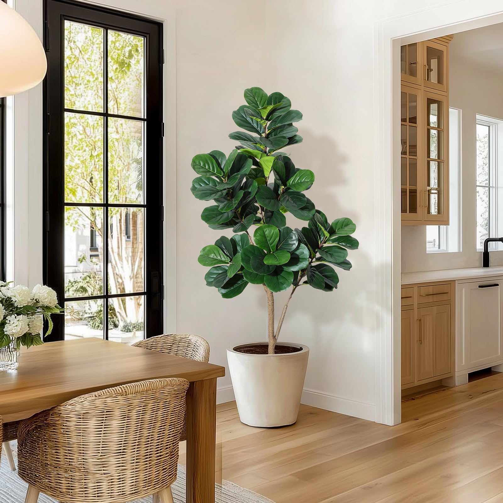 Albero artificiale Garvee Ficus Lyrata da 5 piedi con vaso bianco per la decorazione del soggiorno, PVC+PE, base in cemento stabile, 77 foglie realistiche
