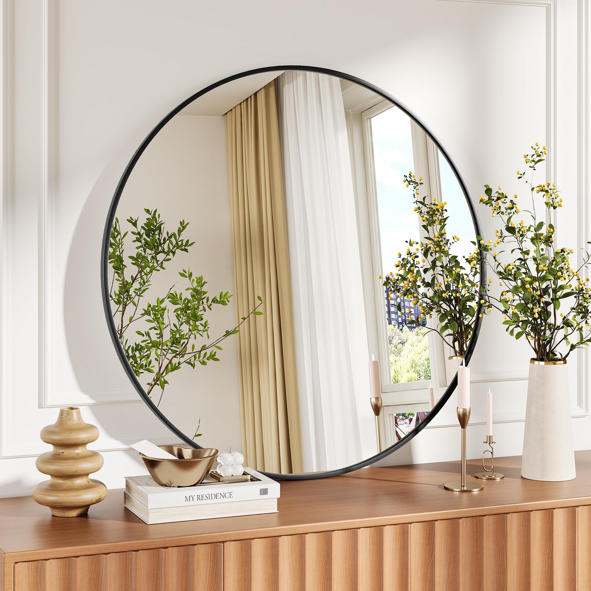 Specchio da parete rotondo nero Garvee da 30 pollici con cornice in metallo, moderno, antiruggine e antipolvere, per bagno, soggiorno, camera da letto