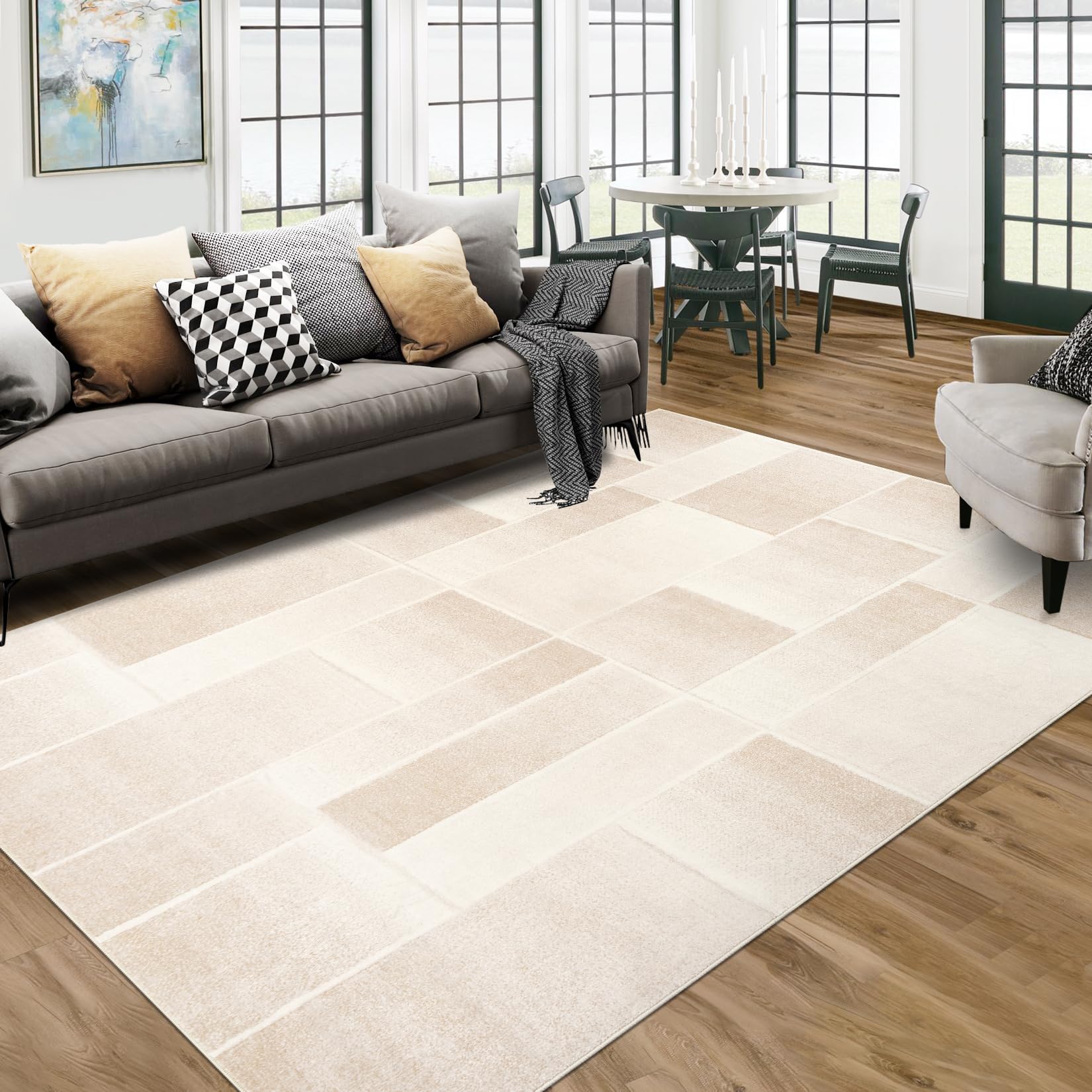 Tappeto moderno a pelo corto Garvee con taglio sagomato e motivo geometrico per soggiorno e camera da letto 160x230 cm beige