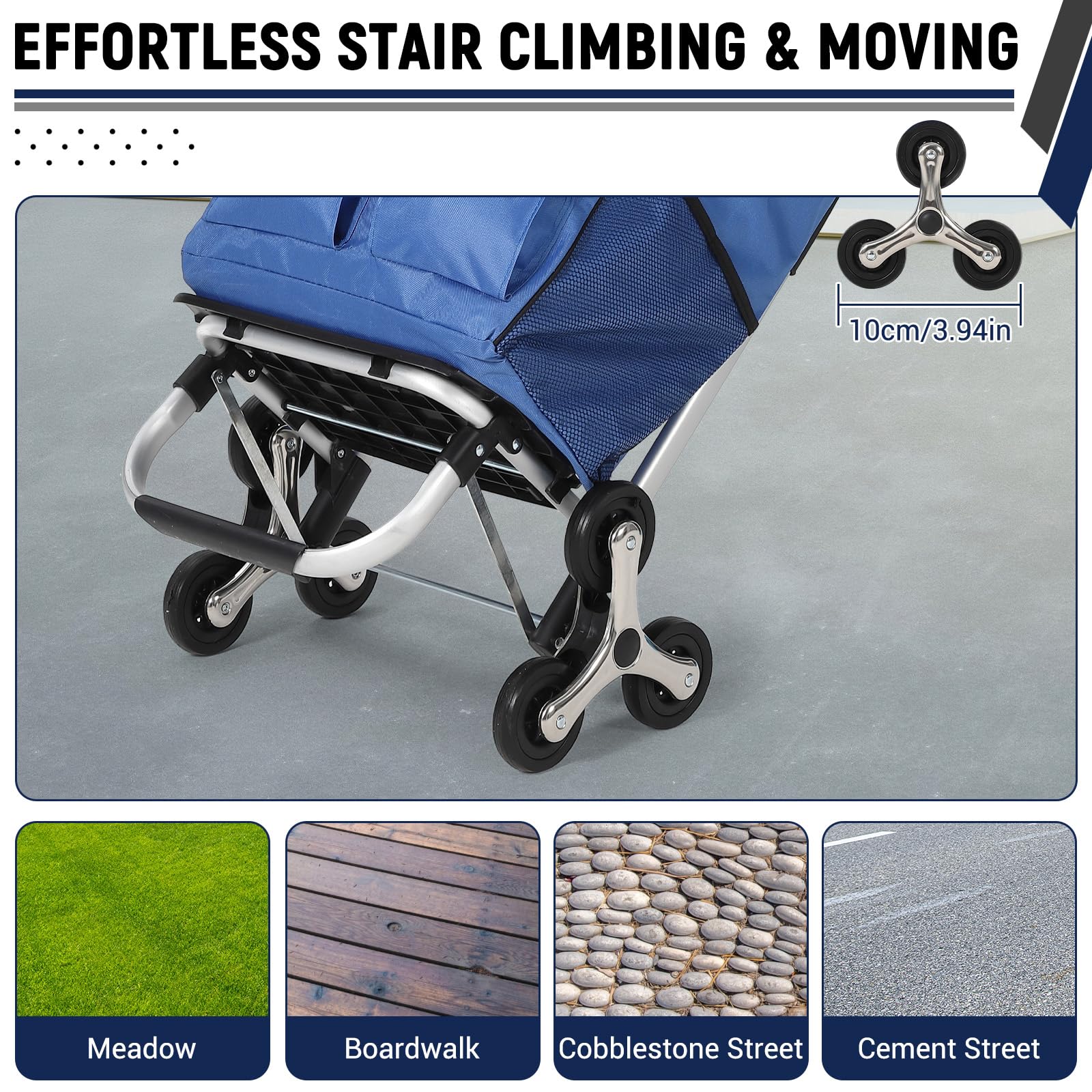 Carrello della spesa pieghevole 3 in 1 Garvee con saliscale a 6 ruote, borsa in tessuto Oxford da 36 litri, leggero ed ergonomico, per la spesa e il giardino, capacità di carico di 176 libbre, nero