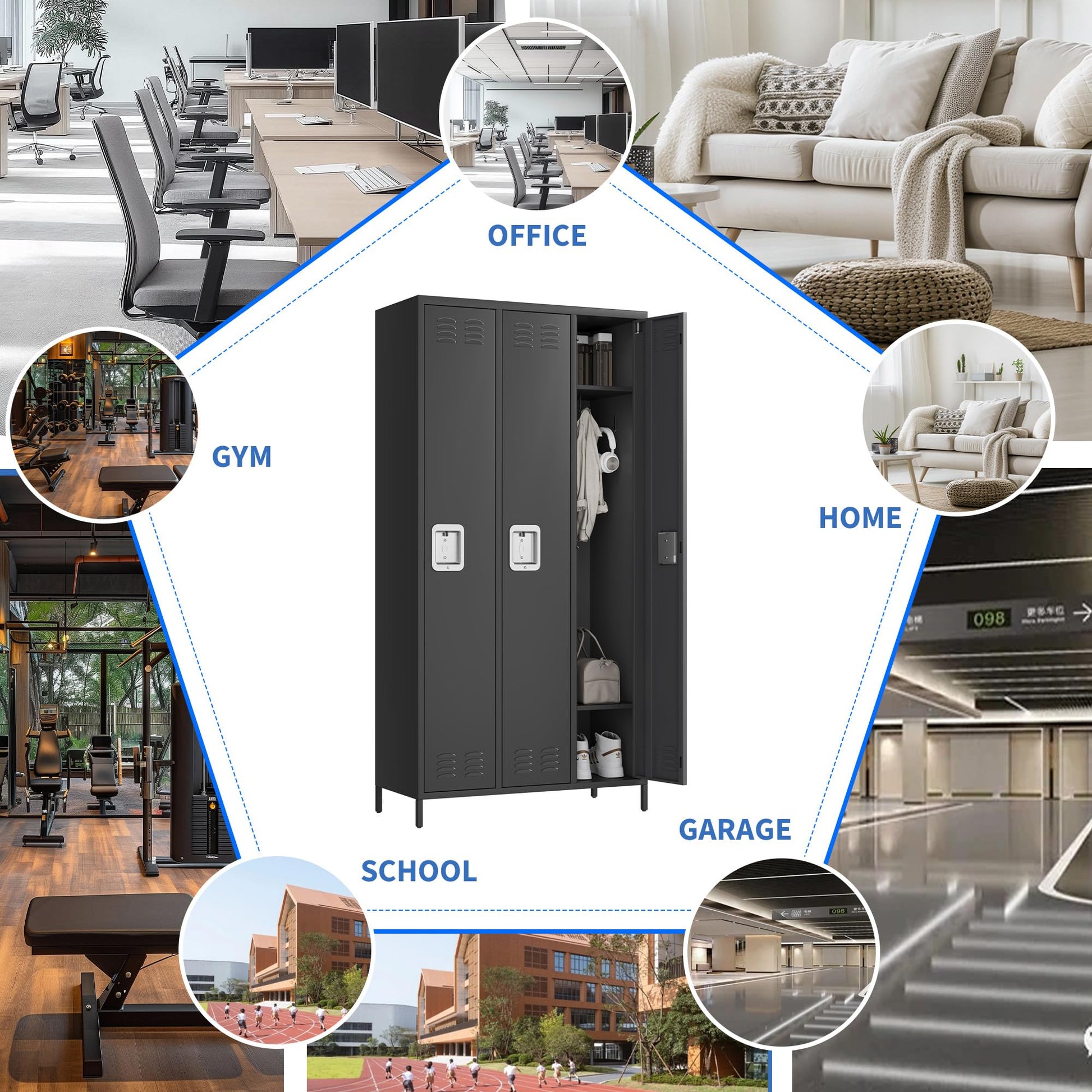 Armadietto per dipendenti Garvee, 3 ante, in metallo con serratura a combinazione, per ufficio e palestra, 72"H x 15,7"W x 35,4"D, grigio