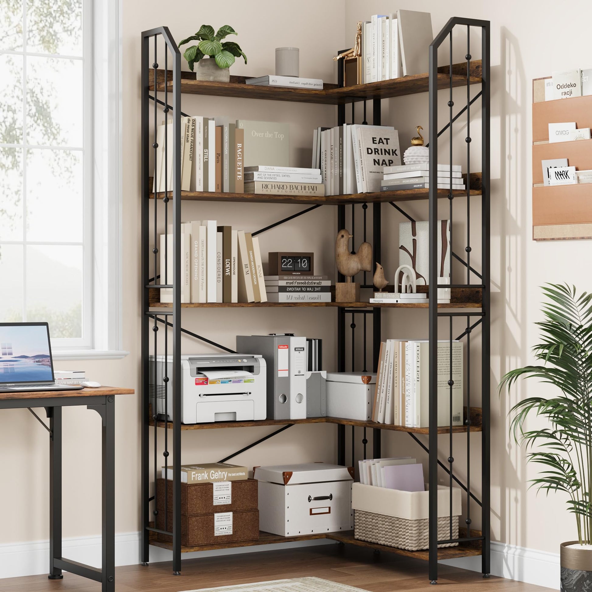 Scaffale angolare Garvee da 72" Libreria industriale a forma di L a 5 ripiani in MDF, metallo, soggiorno, camera da letto, nero
