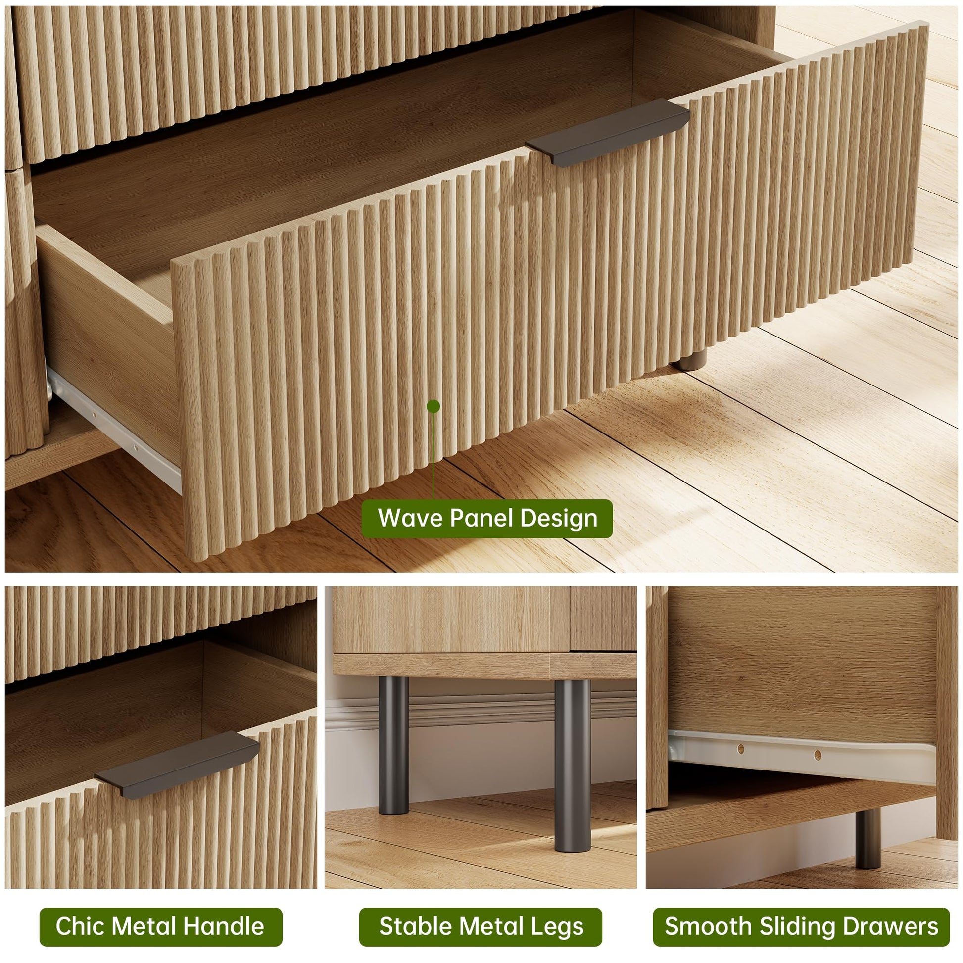 Cassettiera Garvee in rovere con 3 cassetti, design scanalato, gambe in metallo, protezione antiribaltamento per camera da letto e soggiorno, bianco, moderno
