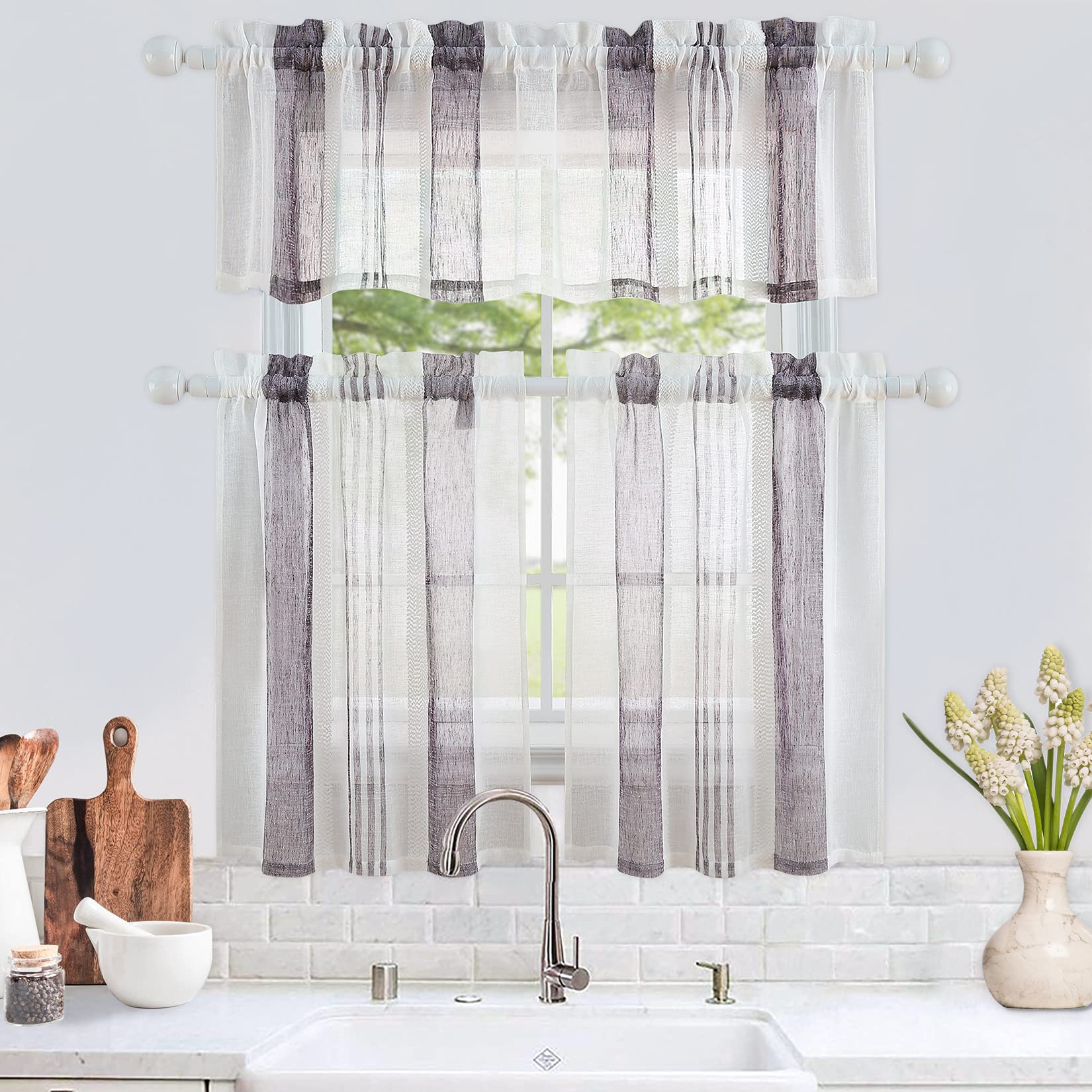 Tende trasparenti per scale da cucina Garvee, tende corte trasparenti in filo tinto a righe per finestre da bagno, viola, 27" x 30", 2 pannelli