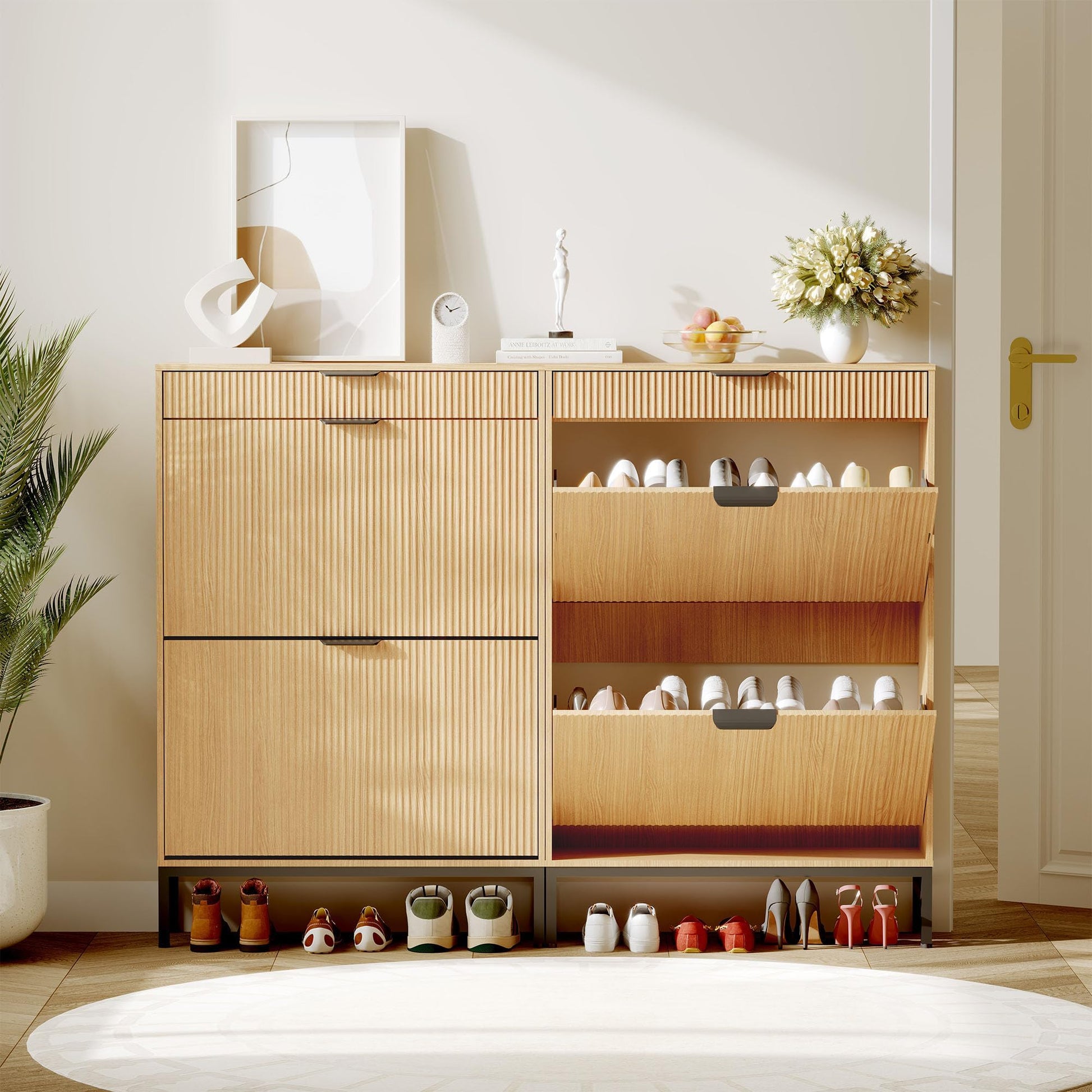 Scarpiera moderna Garvee con 3 cassetti a ribalta e 2 cassetti piccoli, ganci per corridoi stretti, appartamento, 31,5x9,45x52,36 pollici, legno fiammato