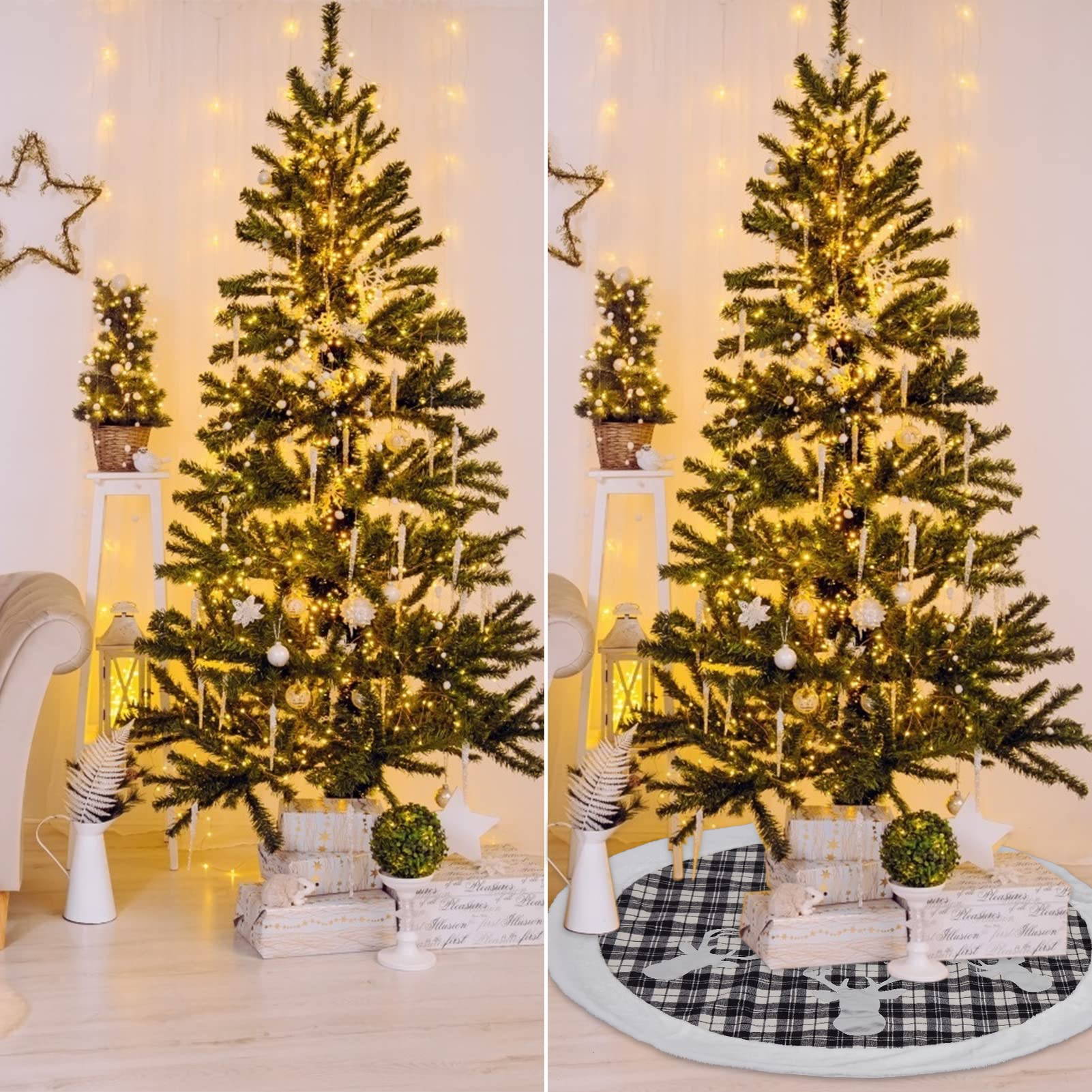 Gonna per albero di Natale Garvee da 48 pollici a quadri bianchi e neri con rifiniture in pelliccia sintetica bianca e motivi di renne argentate per feste e celebrazioni in famiglia