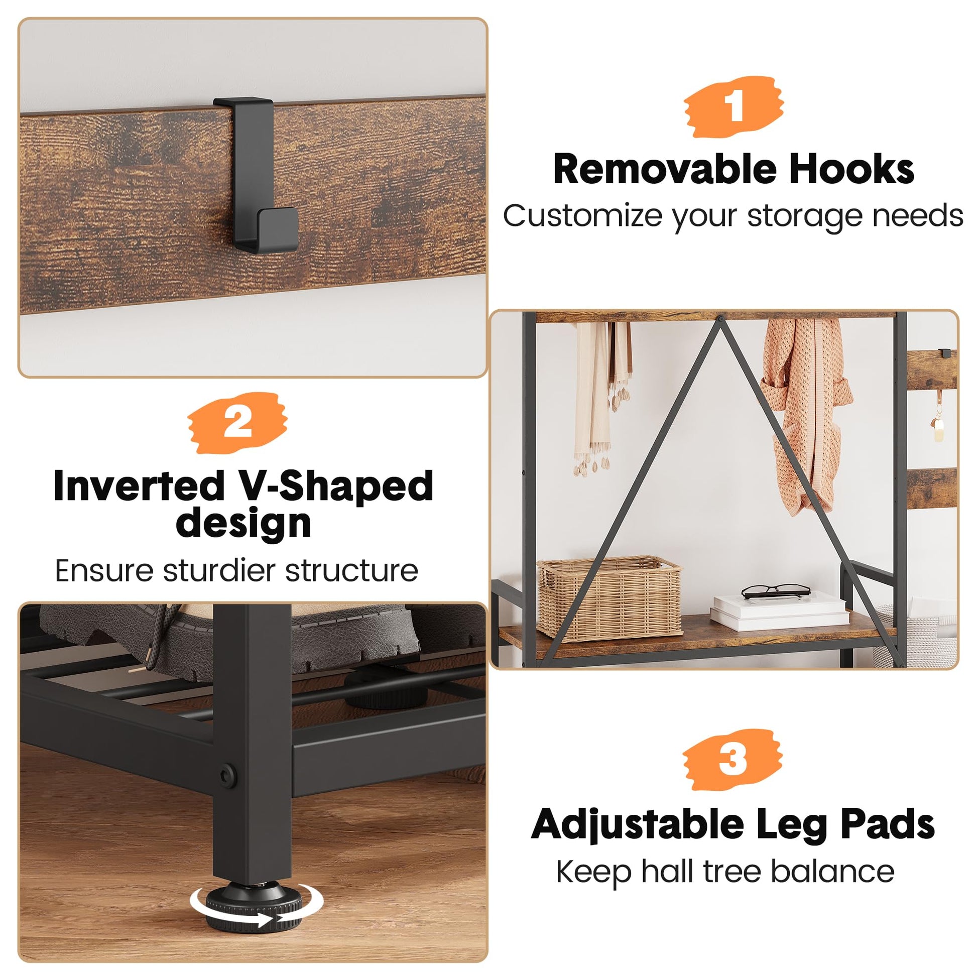 Appendiabiti Garvee con scarpiera e contenitore, robusta struttura in metallo, 8 ganci e ripiano, MDF, rustico, piedini regolabili, corridoio e soggiorno