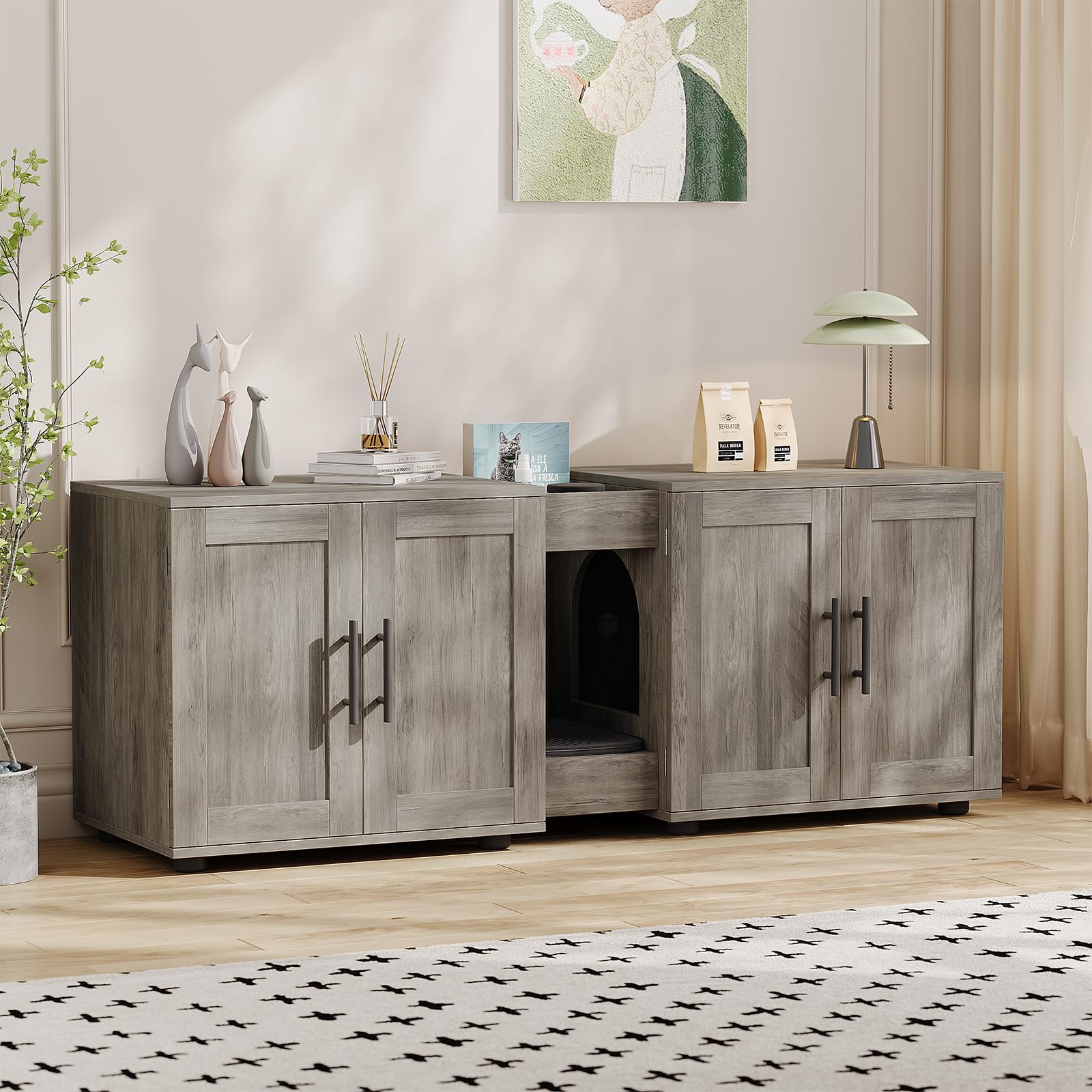 Lettiera per gatti Garvee per 2 gatti, doppia camera con tappetino tiragraffi, impermeabile, grigia, soggiorno, 55 pollici