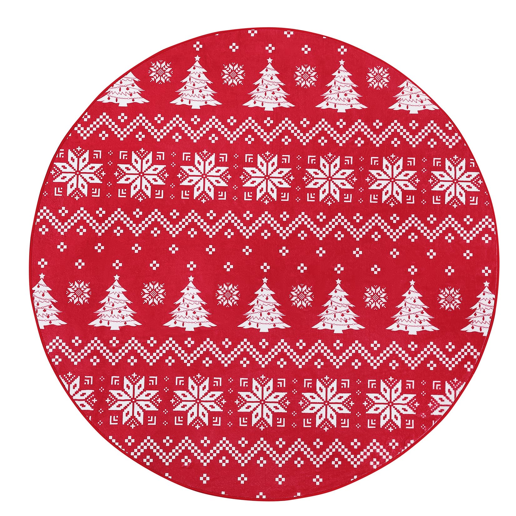Garvee Tappeto Natalizio Rotondo Rosso con Fiocchi di Neve e Alberi di Natale - Antiscivolo, Lavabile in Lavatrice, Morbido Poliestere, Bordo Rinforzato - Per Soggiorno e Ingresso 120x120cm