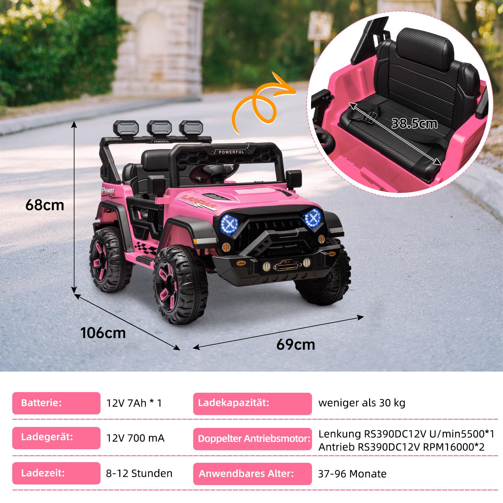 Auto elettrica per bambini Garvee con batteria potenziata da 12 V 7 Ah, 3 velocità, 2 modalità di funzionamento, telecomando 2.4G, luci LED, Bluetooth, cinture di sicurezza, rosa per bambini da 1 a 8 anni