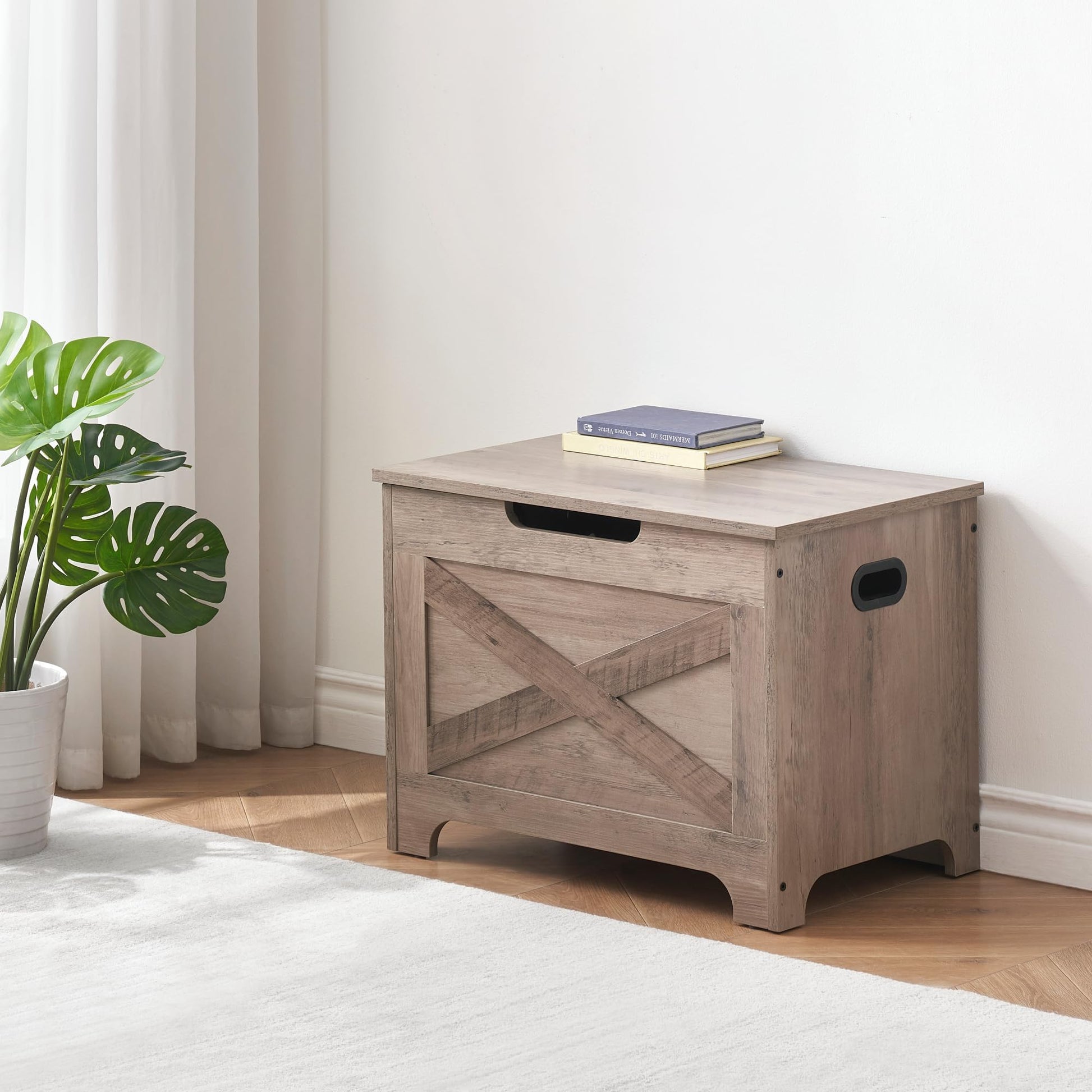 Panca portaoggetti Garvee con serratura di sicurezza, cassapanca in legno in stile country per corridoio e camera da letto, grigia