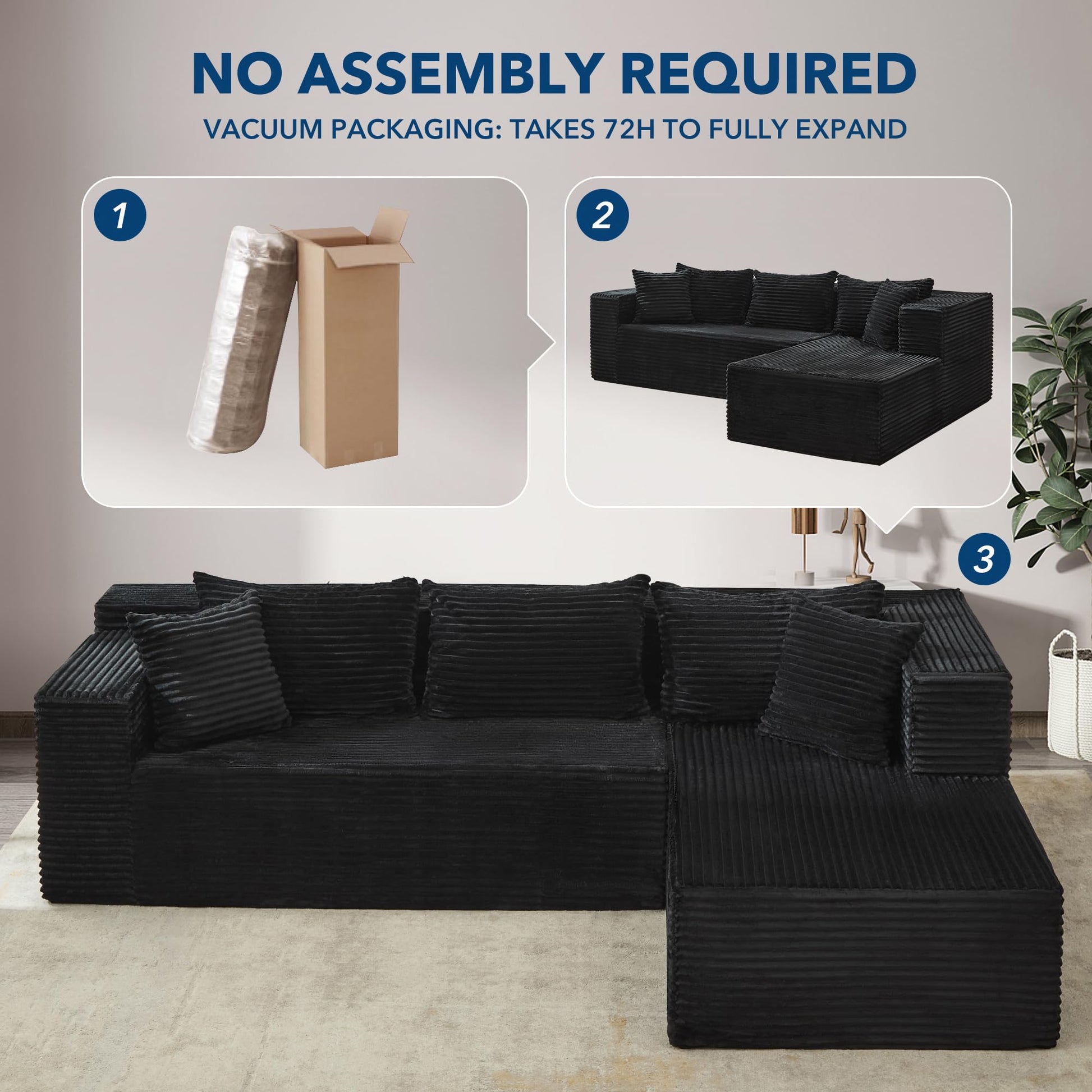 Divano angolare modulare Garvee Cloud 106" a forma di L, nero, divano letto oversize, soggiorno, seduta profonda, comodo e soffice, non richiede montaggio.