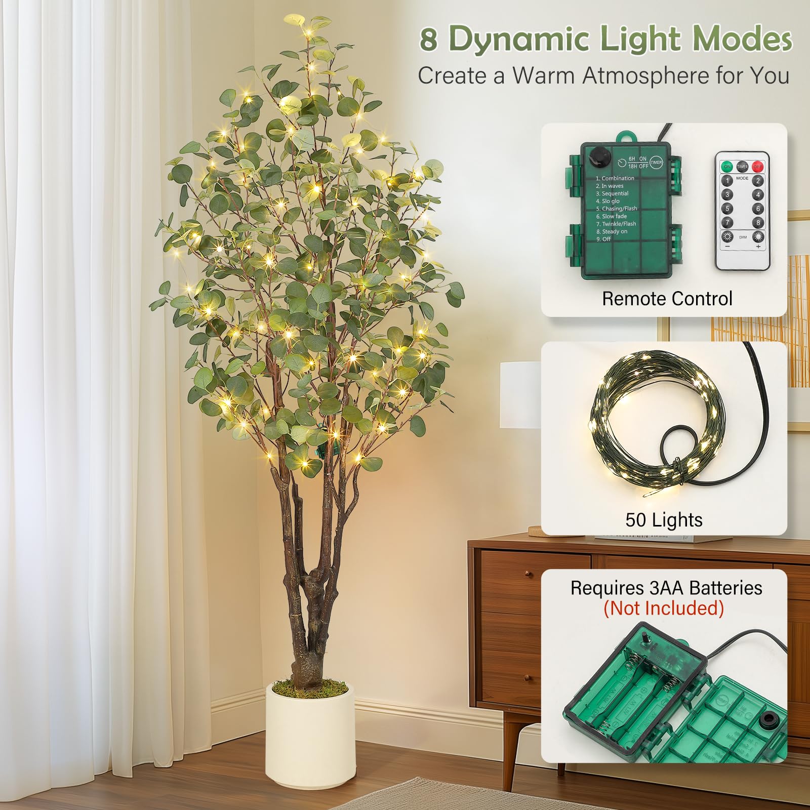 Albero di eucalipto artificiale Garvee da 6 piedi con 50 luci a LED, rami in filo metallico, vaso di plastica per interni ed eventi, bianco