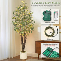 Albero di eucalipto artificiale Garvee da 6 piedi con 50 luci a LED, rami in filo metallico, vaso di plastica per interni ed eventi, bianco