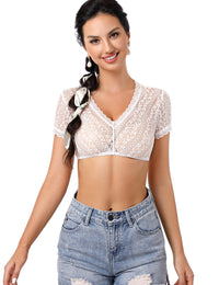 Camicetta Dirndl Garvee da donna, pizzo bianco, scollo a V, manica corta, per l'Oktoberfest, taglia 42, bianco-B