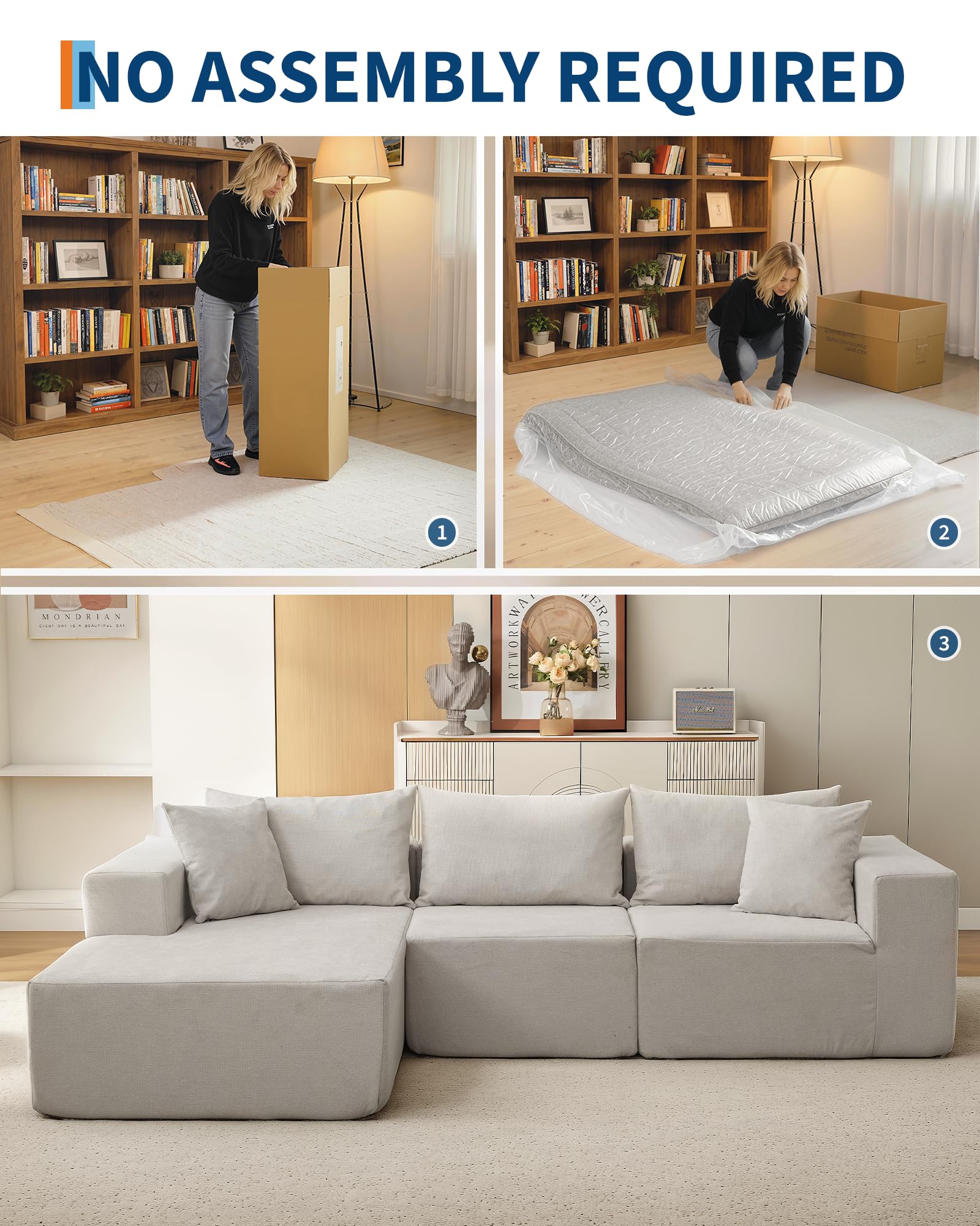 Divano componibile modular Garvee da 108" con chaise longue, comfort senza ossa, a forma di L, tessuto polimerico, divano letto, soggiorno, comodo, versatile