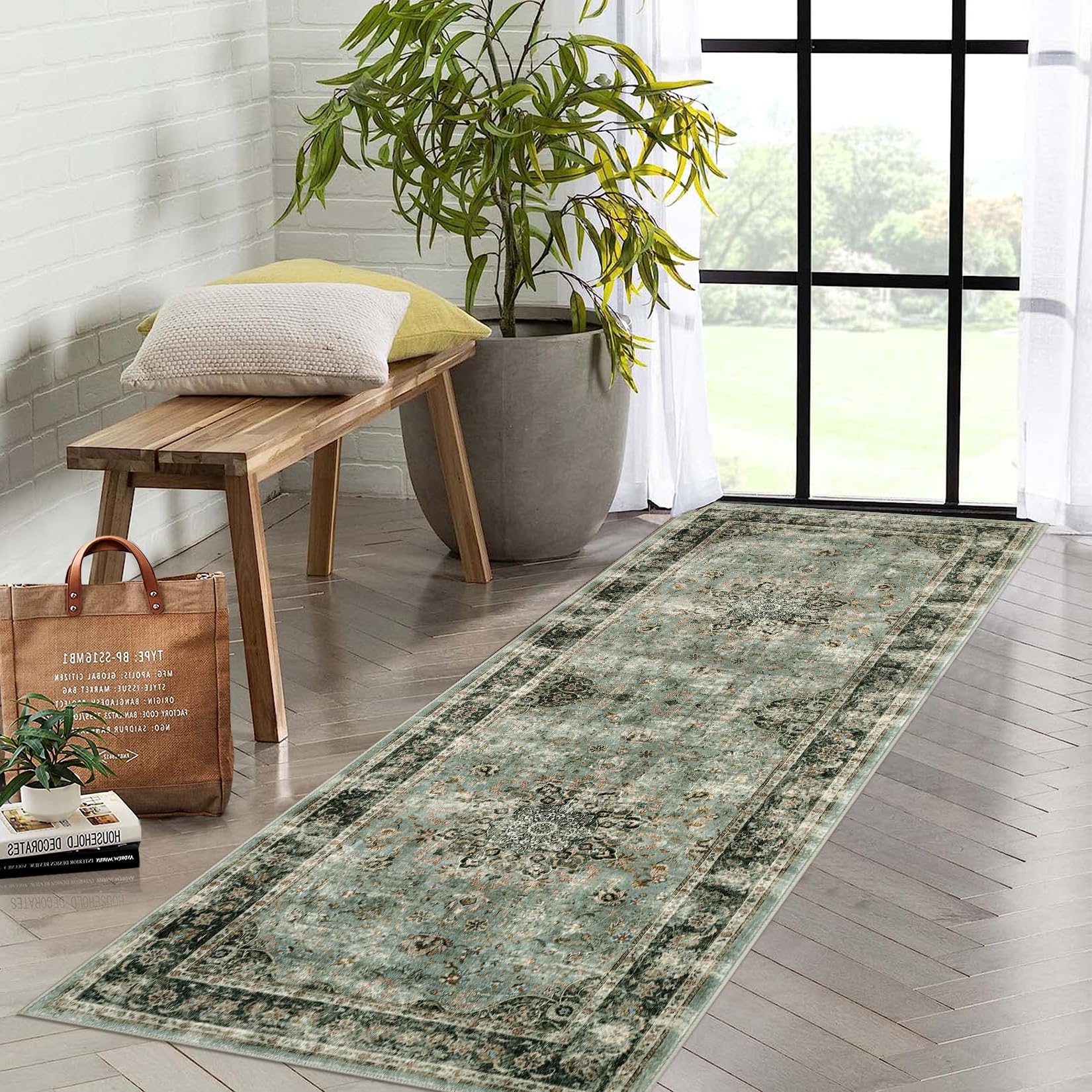 Tappeto vintage lavabile Garvee 80x150 cm antiscivolo verde antico per soggiorno, camera da letto, cucina, corridoio