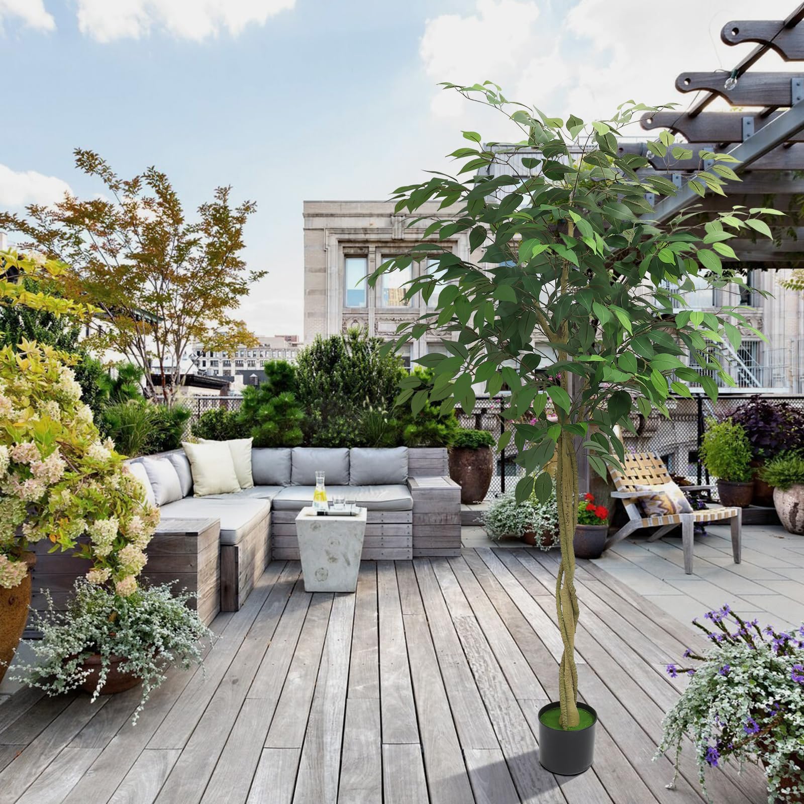 Albero di ficus artificiale Garvee da 5 piedi con tronco e foglie realistici, base in cemento, di facile coltivazione, per decorazione interna e stelle, verde