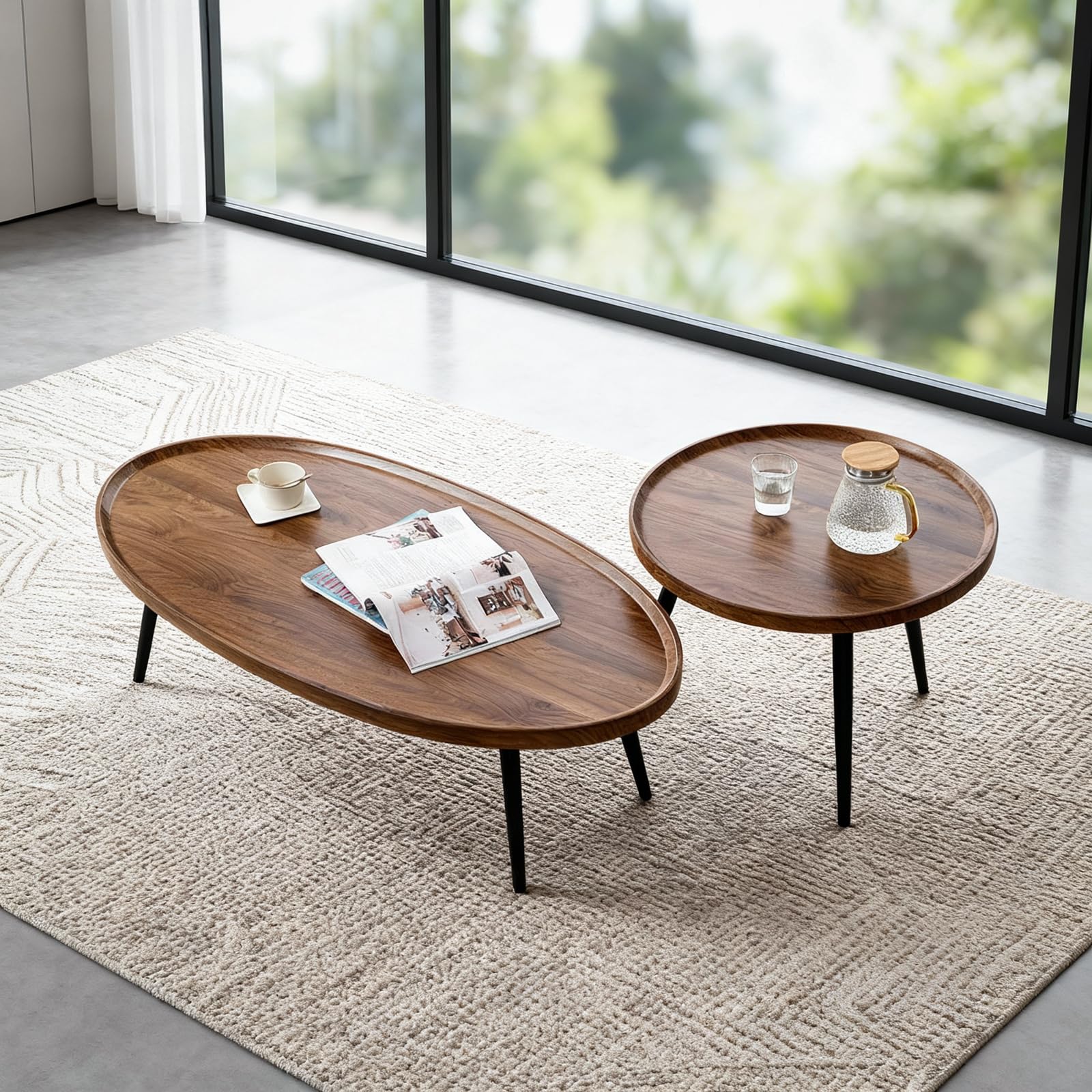 Tavolini da caffè Garvee Nesting Set da 2, Noce, Mid-Century Modern, Impilabili, MDF, Gambe in Metallo, Soggiorno, Balcone