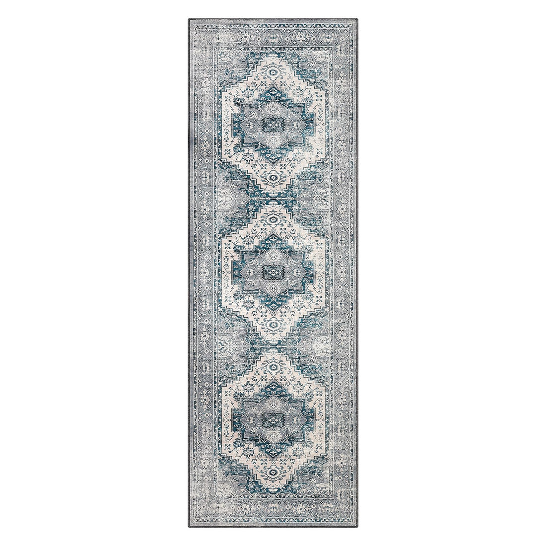 Garvee Teppichläufer Vintage Grau Blau Schmutzabweisend Waschbar Polyester Kaschmirimitat Rutschfest Flachflor 60x230 cm Für Flur Wohnzimmer