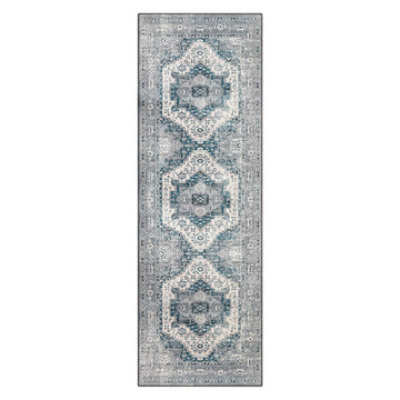 Garvee Teppichläufer Vintage Grau Blau Schmutzabweisend Waschbar Polyester Kaschmirimitat Rutschfest Flachflor 60x230 cm Für Flur Wohnzimmer