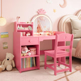Tavolo da toeletta per bambini Garvee con specchio illuminato, set da toeletta 2 in 1 a forma di principessa, contenitore in legno per la cameretta delle bambine, cassaforte - Rosa
