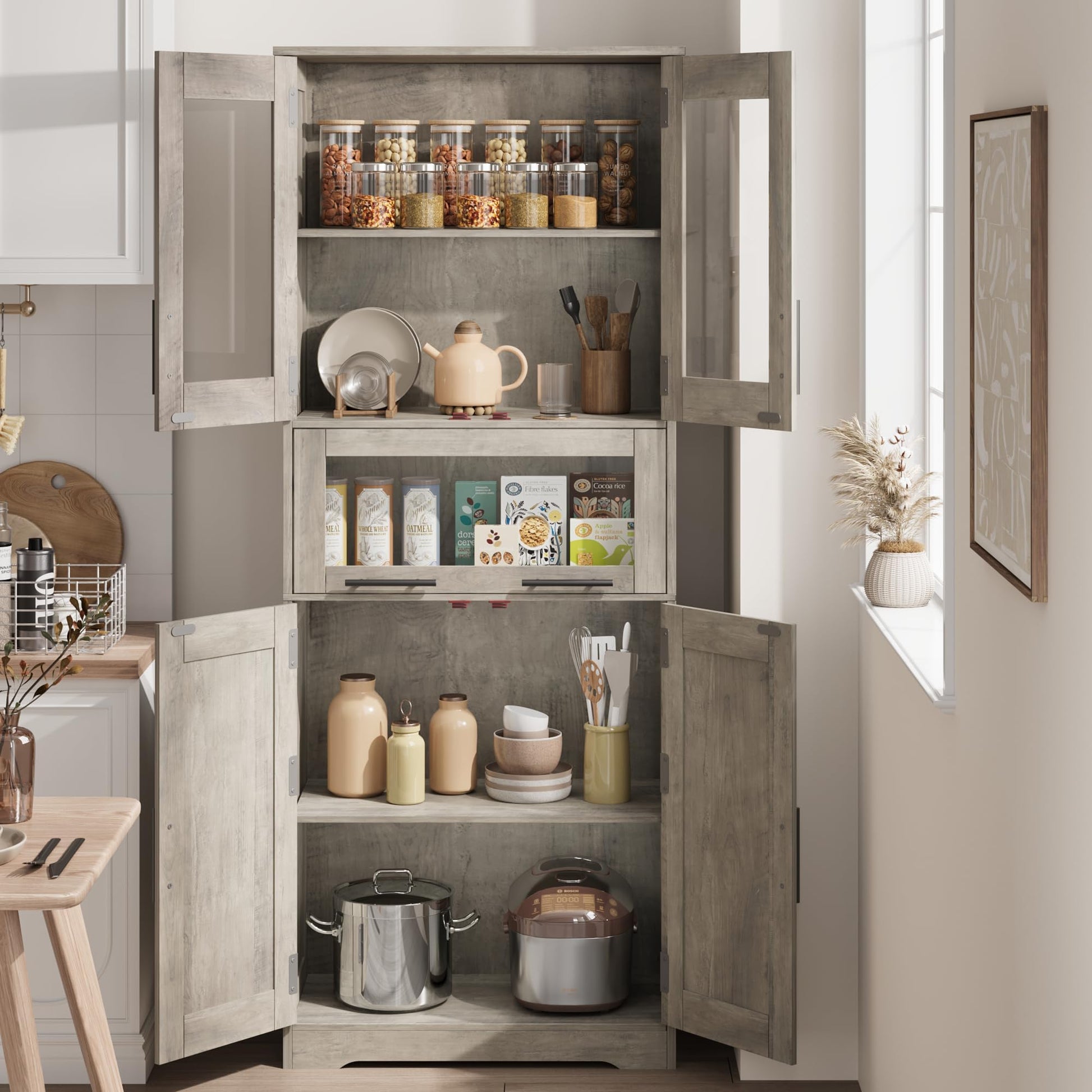 Mobiletto da bagno Garvee, alto e stretto, 170 cm, con 2 ante e 1 cassetto, grigio, ripiani regolabili, salvaspazio per bagno, corridoio e soggiorno