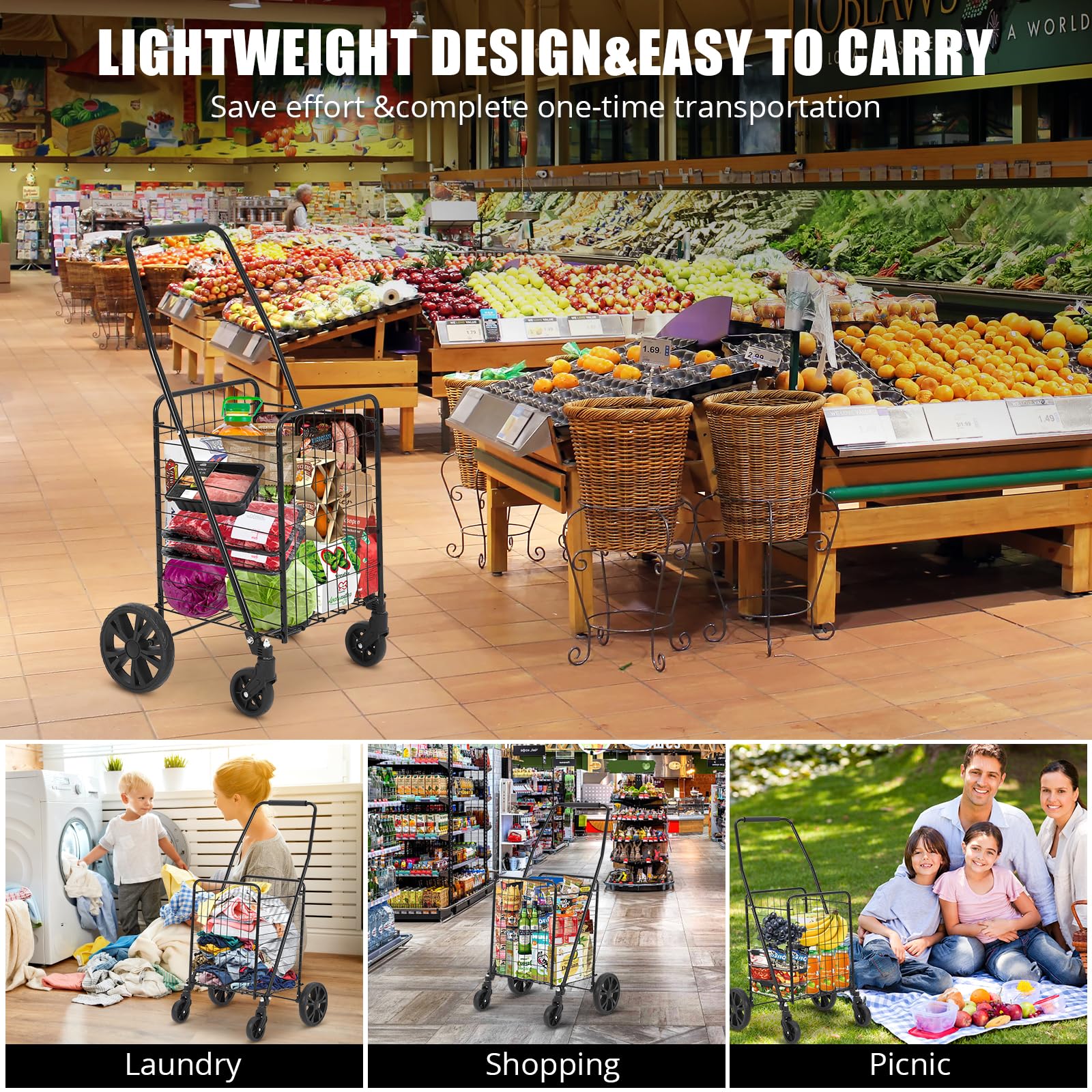 Carrello della spesa pieghevole Garvee, capacità 110 libbre, ruote girevoli a 360°, cestino da 22 galloni, acciaio legato, leggero, per la spesa e i picnic, pieghevole, grigio