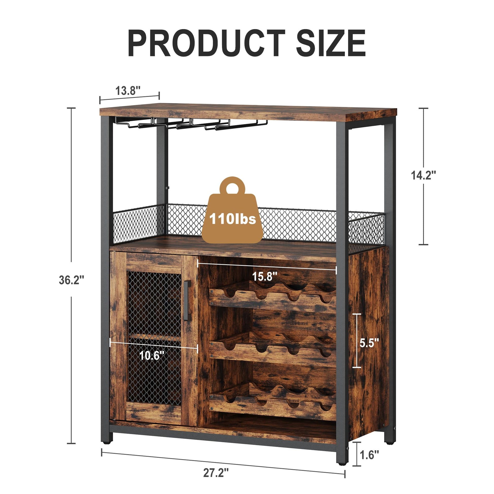 Mobile bar per vino Garvee con luce LED, ripiani regolabili, porta in rete per cucina e sala da pranzo, altezza 36,2", MDF e metallo, robusto, compatto