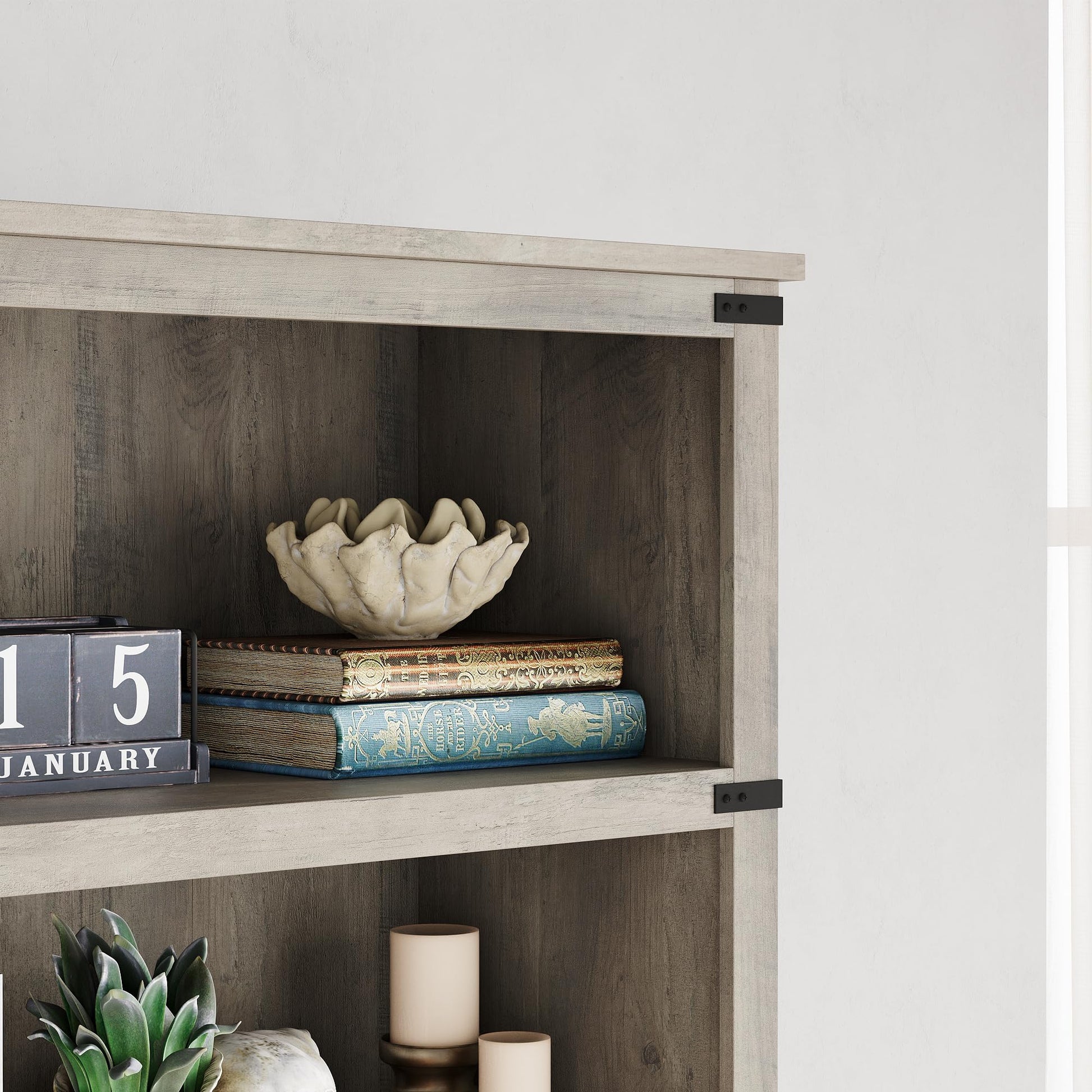 Libreria Garvee Triple Wide a 4 ripiani, grande, robusta, in legno industriale grigio, 40" H x 31,5" W x 12,2" D, soggiorno