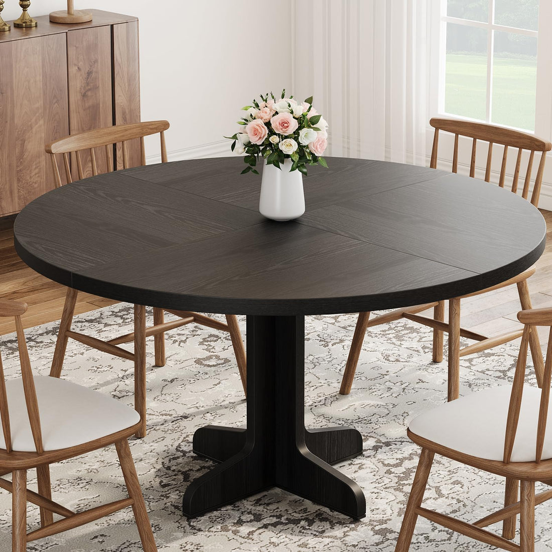 Tavolo da pranzo rotondo Garvee da 47" con struttura in metallo e piano in MDF per 4 persone, cucina e sala da pranzo, design rustico, marrone
