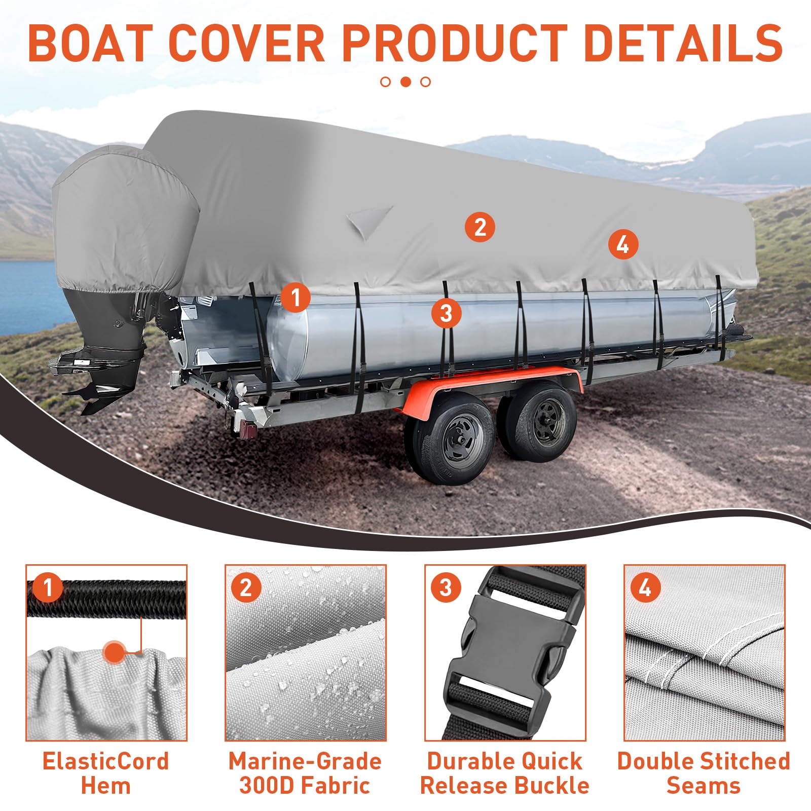 Garvee Heavy Duty Pontoon Boat Cover 21''-24'' Marine-Grade Impermeabile Grigio per Barca Trasportabile