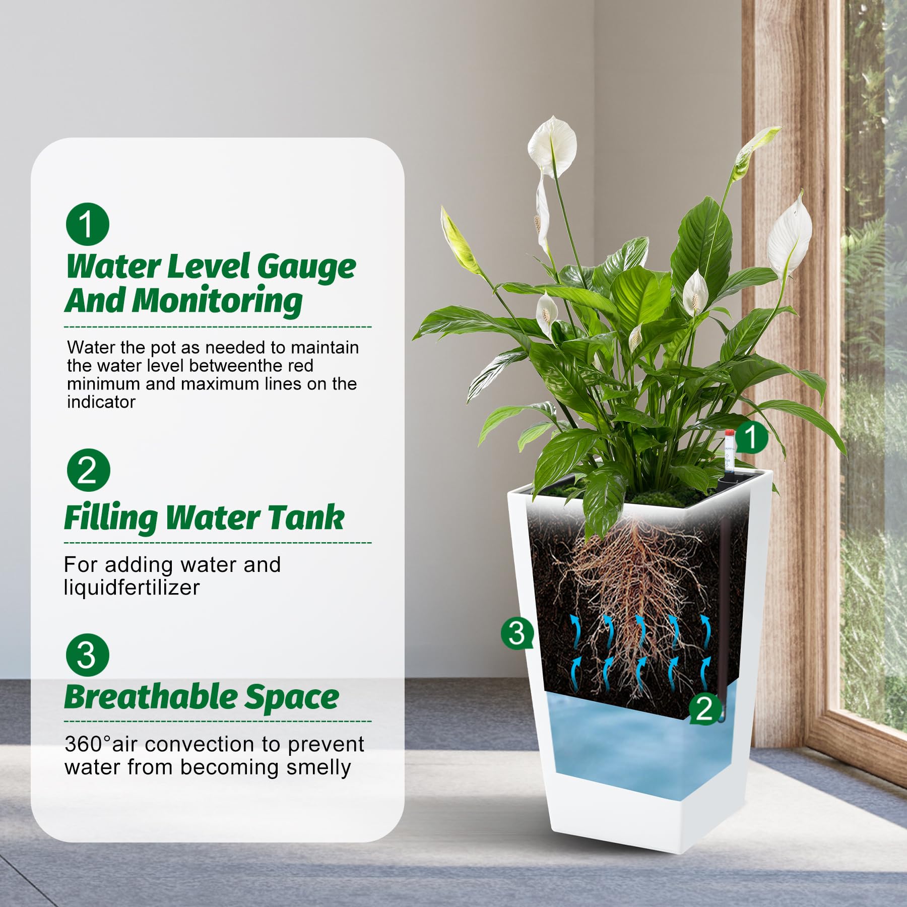 Set di 2 fioriere Garvee alte 16" nere con irrigazione automatica e indicatore del livello dell'acqua per uso interno ed esterno