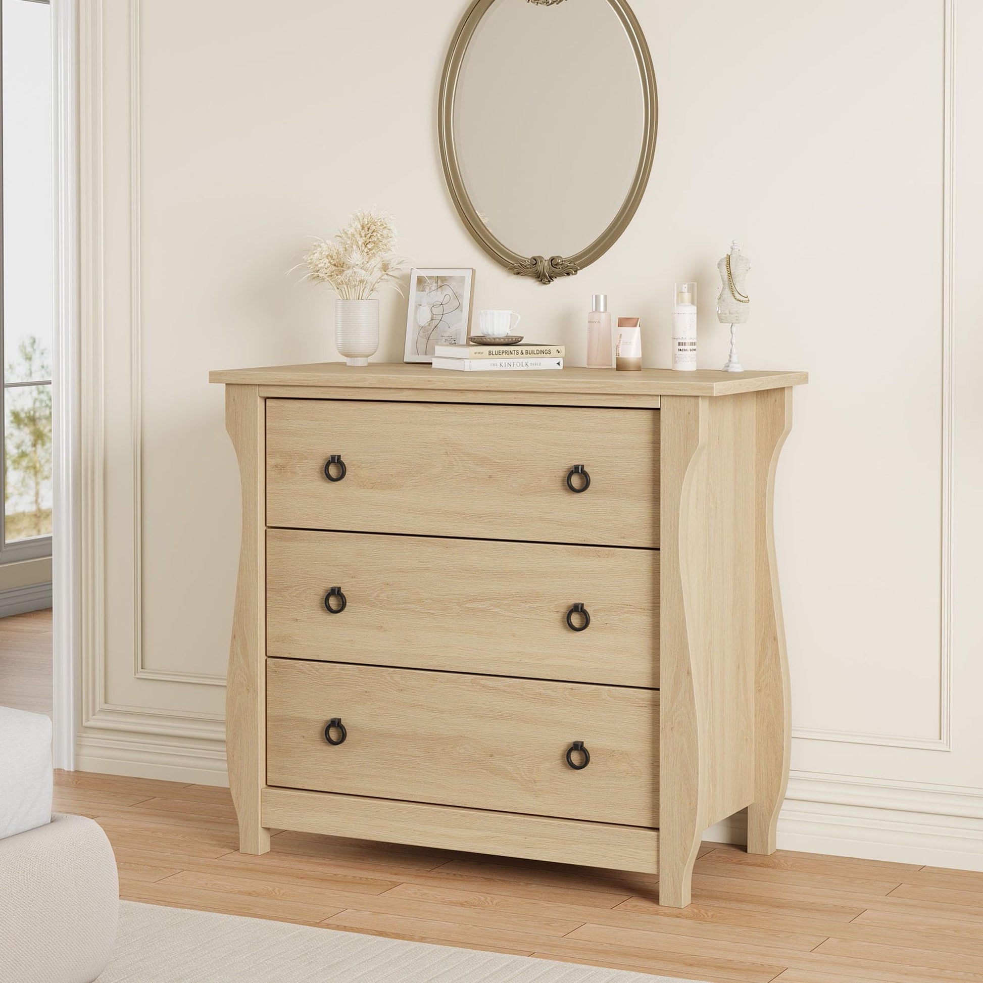 Cassettiera Garvee a 3 cassetti, mobiletto moderno in legno, bianco con maniglie in metallo nero per soggiorno e camera da letto, 29,9x15,8x29,3 pollici